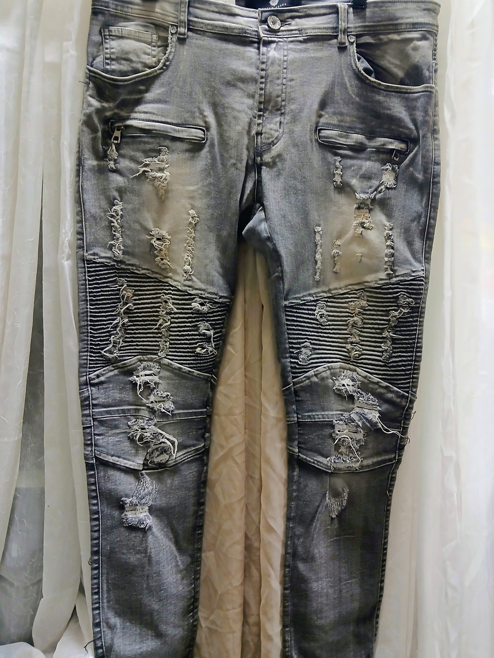 Men's Distressed Grey Ribbed Knee Jeans